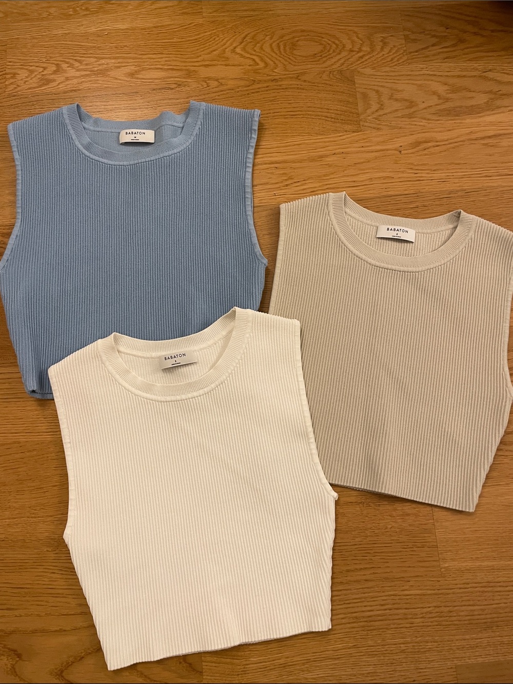 Babaton Ribbed Sleeveless Knit Tops — Sky Blue, Cream & Beige, pure white